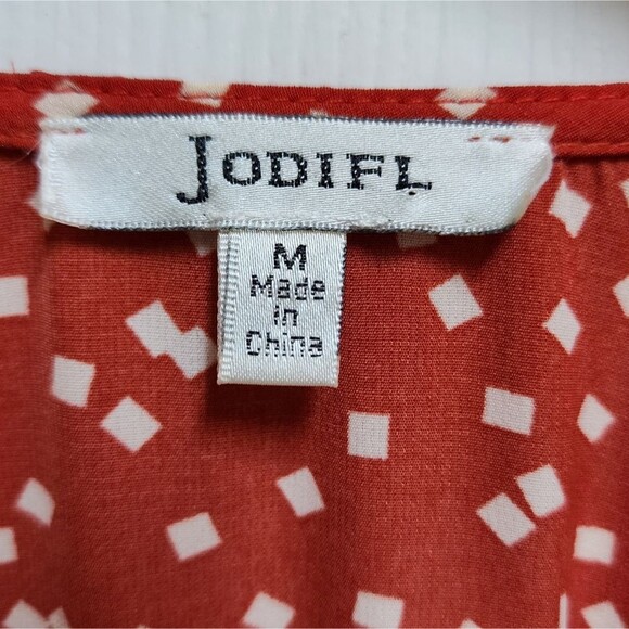 Jodifl Dress Medium Red Polka Dot Button Front V Neck Short Sleeve Pockets Boho - Picture 9 of 11